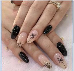 Halloween Press on Nails Almond Medium False Nails with Spider & Spider Wed Designs Black Fake Nails Acrylic Nails Press ons Glossy Glue on Nails Nude