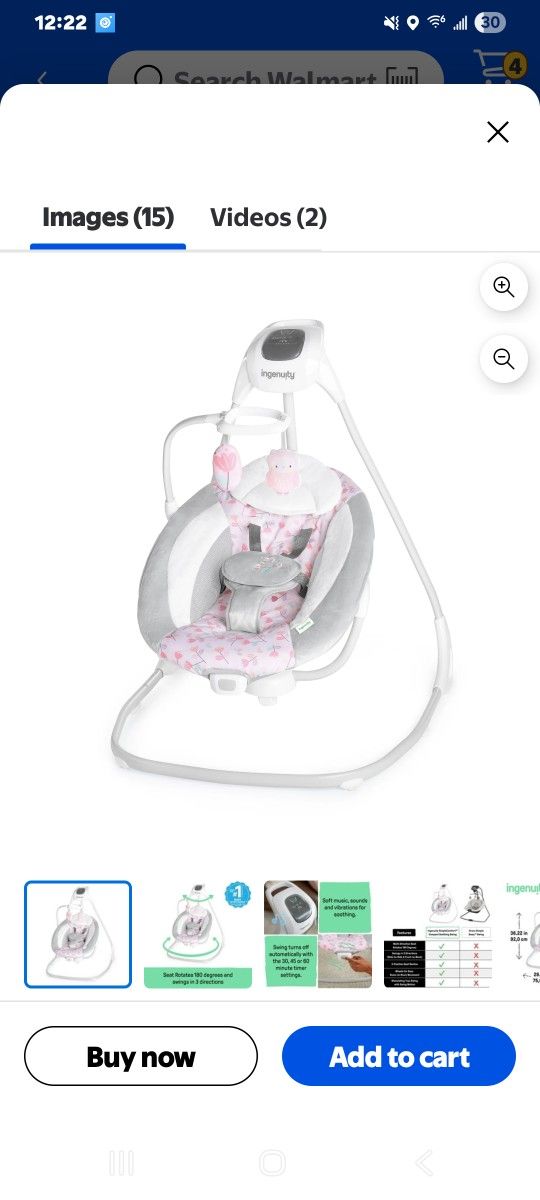 Ingenuity SimpleComfort Multi-Direction Compact Baby Swing with Vibrating Seat, For Infants, Unisex - Cassidy (Pink)
