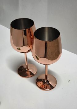 Qty 2 Copper-plated Rose Gold Stainless Steel Stem Wine Goblet 18 Oz.  Glasses