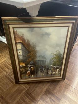 Vintage oil painting street scene Europe 20 by 25