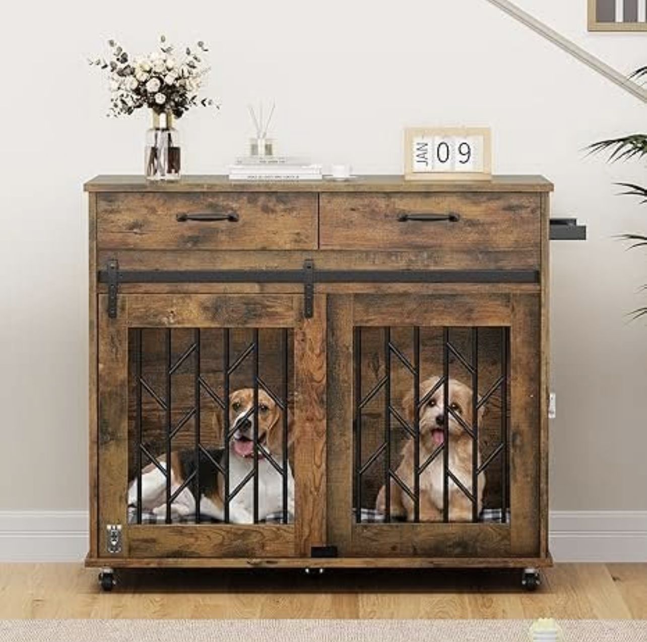 WOODEN DOG CRATE WITH STORAGE DRAWERS BRAND NEW JUST BUILT!!!