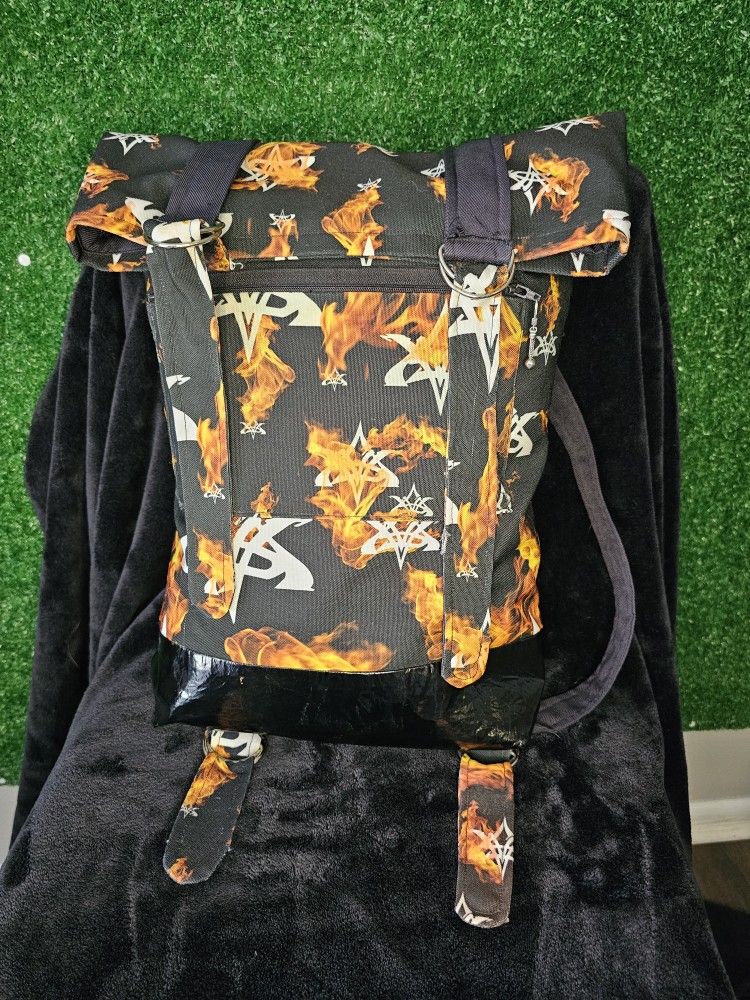 VMS Flame Print Roll-Top Backpack | Streetwear Travel Bag | Hidden Pocket | Custom Graphic Fire Print | Unisex Urban Backpack