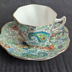 Vintage Lefton Bone China Green Paisley Cup & Saucer