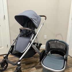  Like-New UPPAbaby Vista V2 double Stroller frame, v3 toddler seat and v3 Bassinet