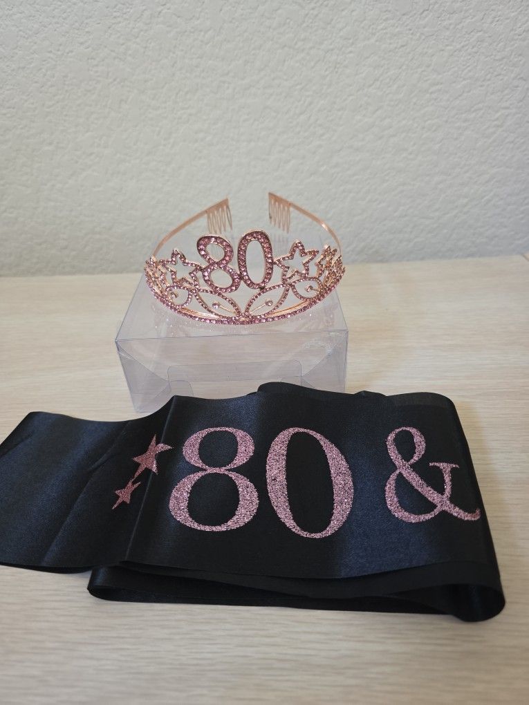 80 & Fabulous Rose Gold Tiara and Black Sash with Pink Glitter Font