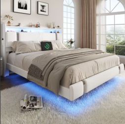 Queen Size Floating Bed Frame With LED Lights & Charging Station