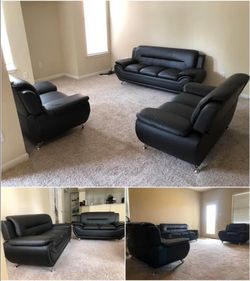 💥 Brand New Black Leather Sofa & Loveseat Set | Optional Chair | 2-Piece 3-Piece Living Room Furniture • PAY AFTER DELIVERY 🚚