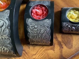 Set Of 3 Wooden Candle Holders