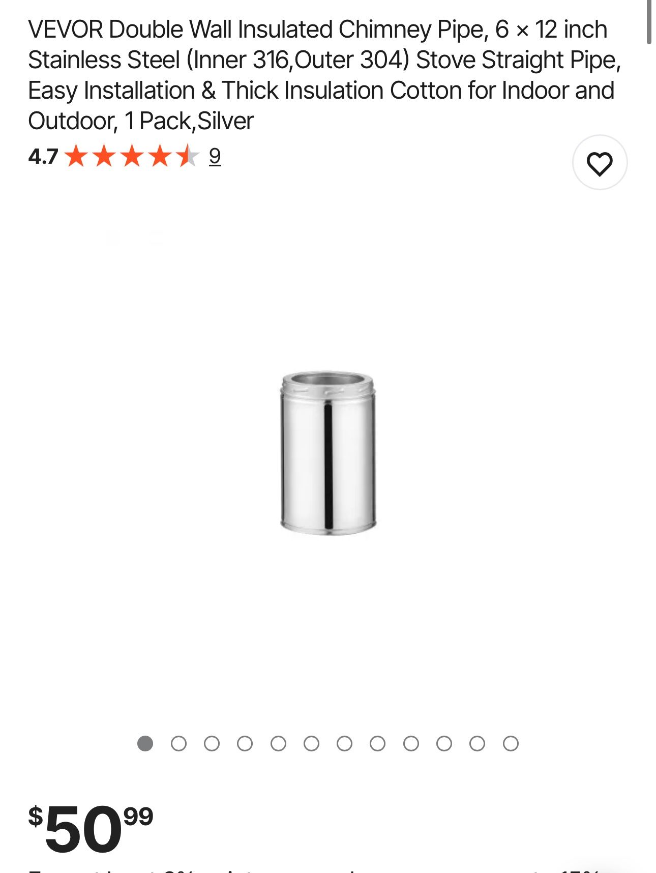 Double Wall Insulated Chimney Pipe, 6 x 12 inch 