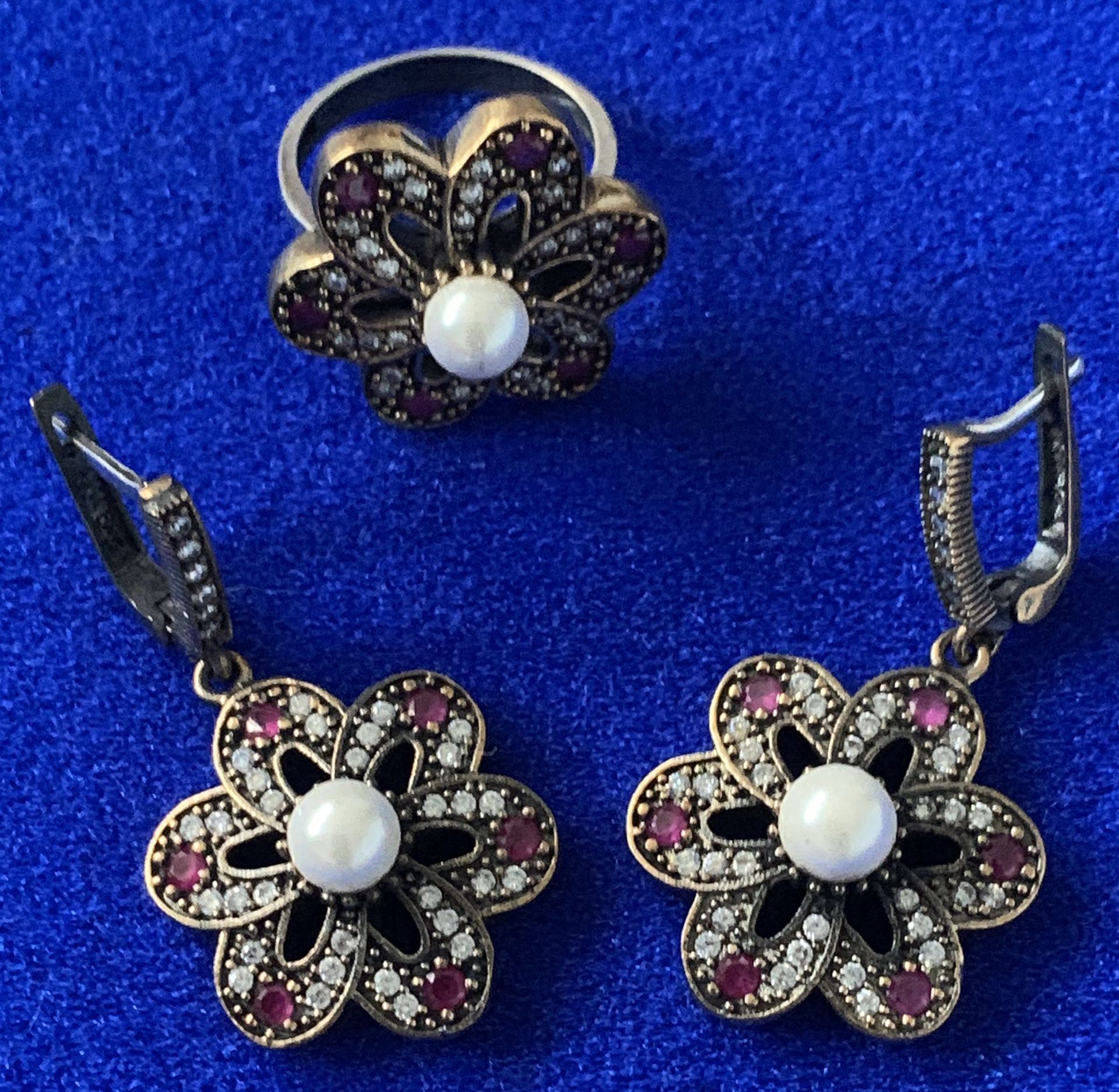 Flower Pearl Ruby Topaz Earrings and Ring Size 8