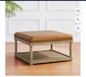 Large Square Ottoman Coffee Table for Living Room, Upholstered Tufted Faux Leather Footrest Storage Ottoman with Solid Wood Shelf, Footrest Stool (Bro