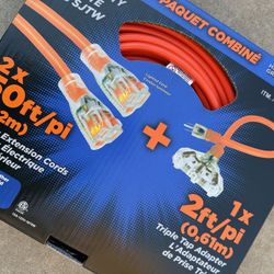 Extension Cord Heavy Duty 50ft+50 Ft + Triple Tap Adapter 