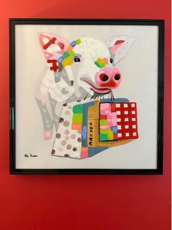 Signed Happy Pig canvas art 25 x 25
