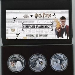 HARRY POTTER OFFICIAL 3 x 1oz SILVER PROOF COIN SET 2021 $5 SAMOA