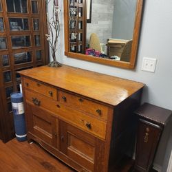 Antique Solid Oak Buffet and Mirror: 4' WIDE, 2' DEPTH,  SOLID AND STURDY