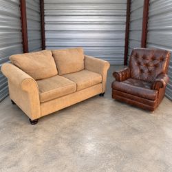Loveseat and Tufted Leather Chair Set
