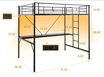 Metal Loft Bed Frame with Desk