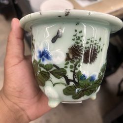 Oriental Celadon Jardiniere Hand Painted Ceramic Pot Planter Chinese Antique