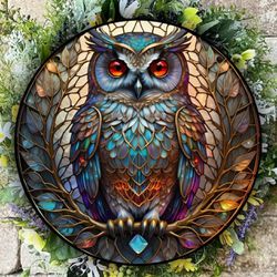 Tall blue owl suncatcher: acrylic stained glass.