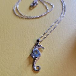925 Sterling Silver Necklace, Seahorse Pendant with Oval Blue Topaz Rhodium Gem