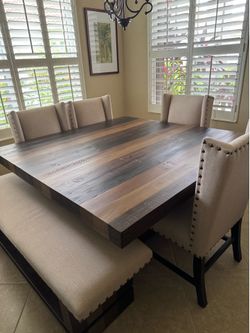 Cindy Crawford Dining Room Table, 4 Upholstered chairs and bench.