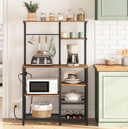 Rustic Brown & Black Large Bakers Rack with Power Outlets, 6-Tier Microwave Stand with 4 Hooks, Coffee Bar, Kitchen Shelf with Wire Basket, for Kitche