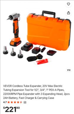 VEVOR Cordless Tube Expander, 20V Max Electric Tubing Expansion Tool for 1/2", 3/4", 1" PEX-A Pipes, 22000RPM Pipe Expander with 3 Expanding Head, 2pc