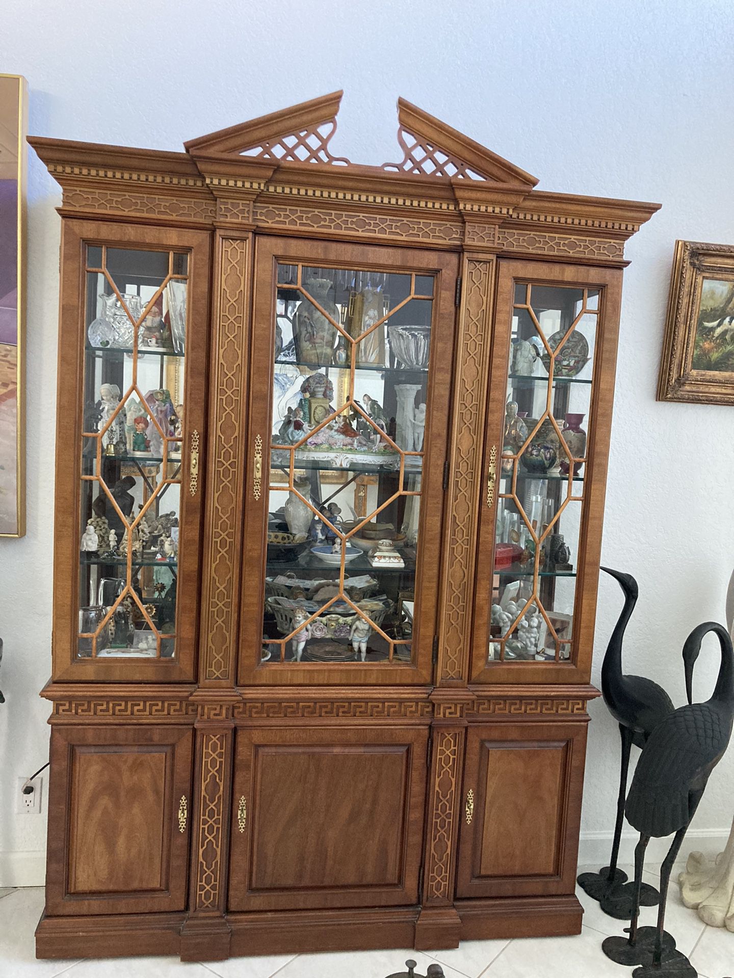 Gorgeous Wood Thomasville Breakfront.  Greek Key Chippendale Style China Cabinet W/ Glass Shelves, Lights & Mirrors.  Ethan Allen Also 4 Sale!