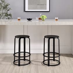 Set of 2 Bar Stools 26" Metal & Wood, Black