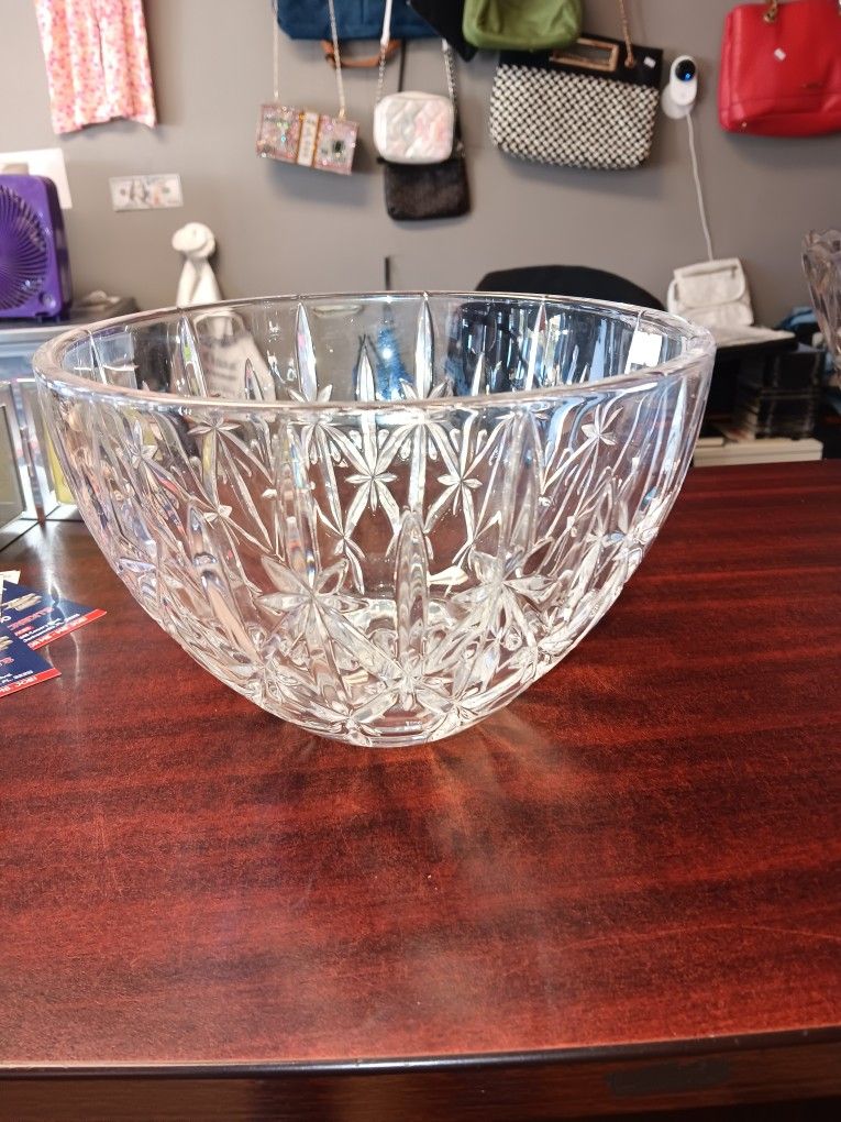 Vintage Clear Etched Glass Punch Bowl 12"