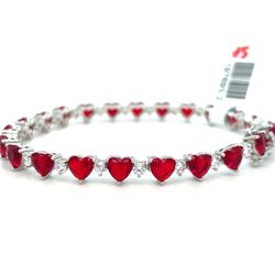 925 Sterling Silver CZ 7” Red Hearts Bracelet 10.50g 197693/2