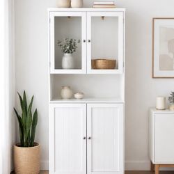 Modern White Glass-Door Storage Cabinet with Adjustable Shelving