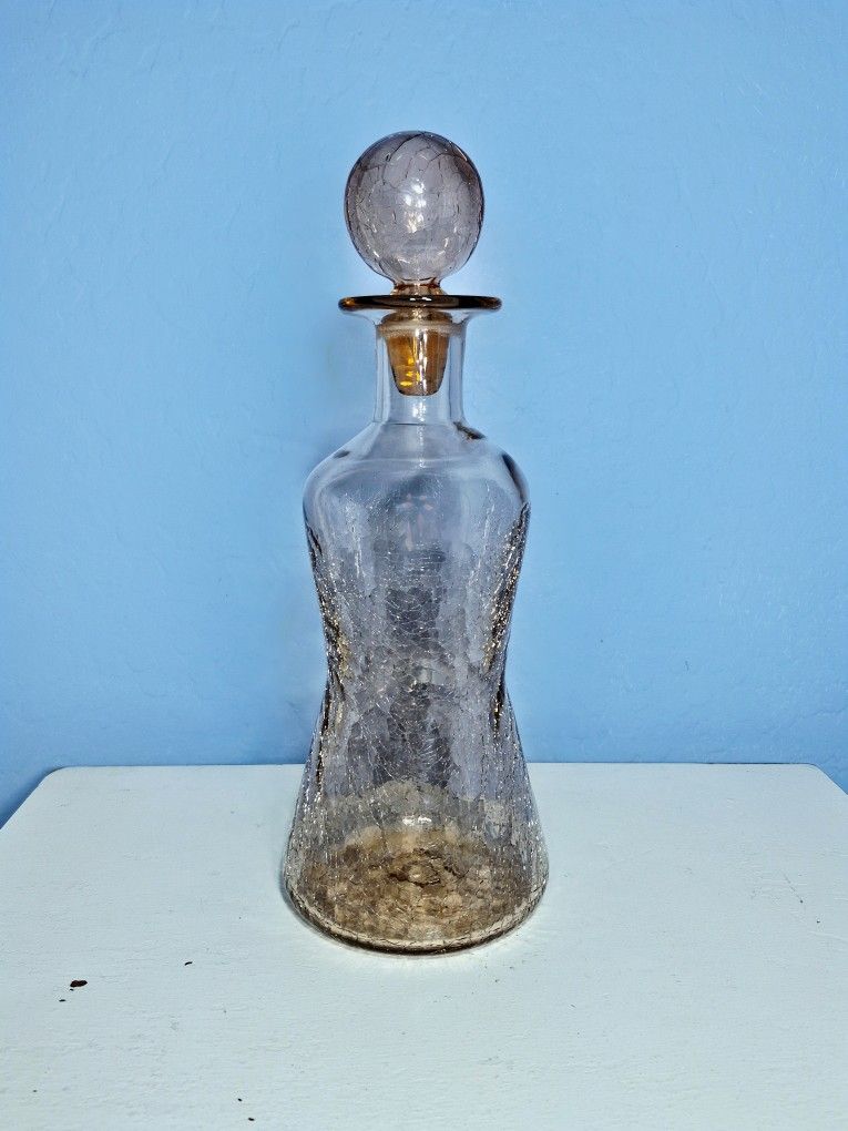 Vintage MCM Pink crackle glass decanter by Rainbow Glass Company