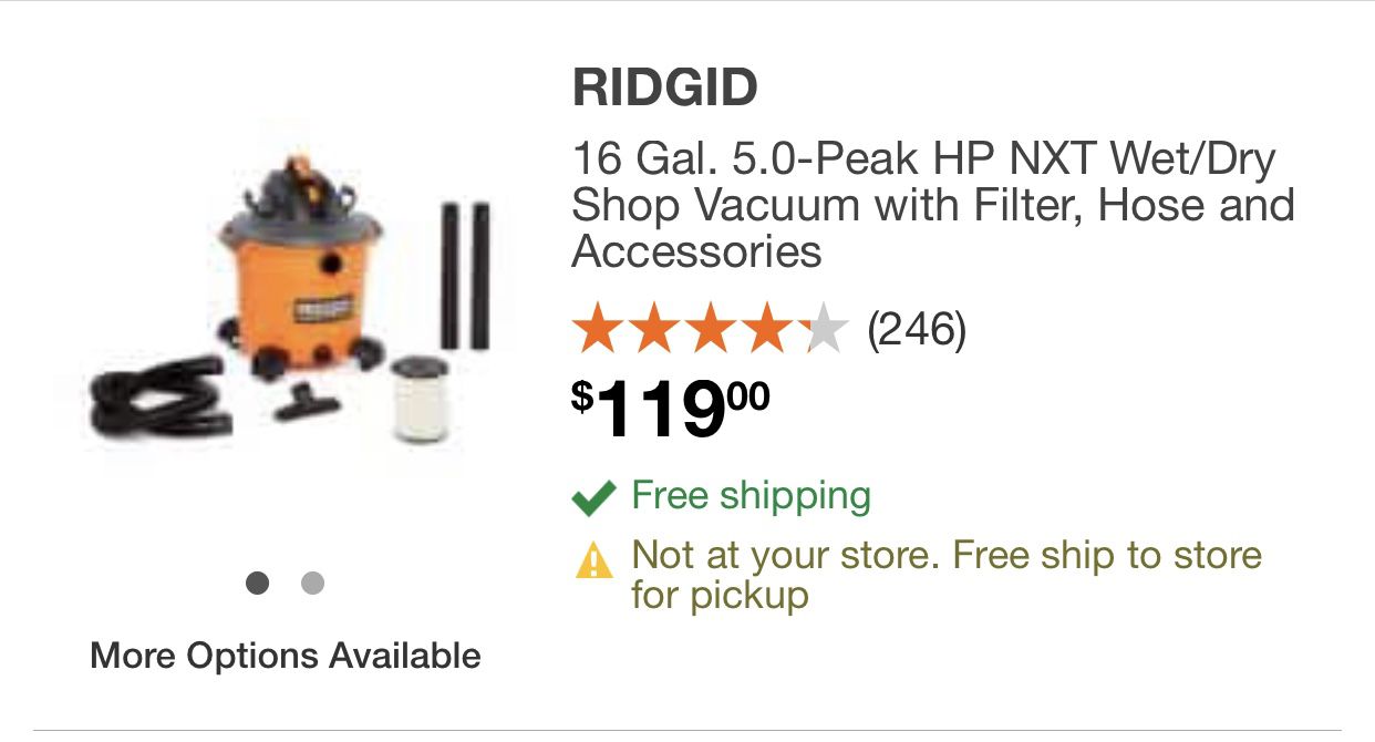 RIDGID Wet/Dry Shop Vacuum 16 Gal 5.0-Peak HP NXT w/ Filter Hose Accessories