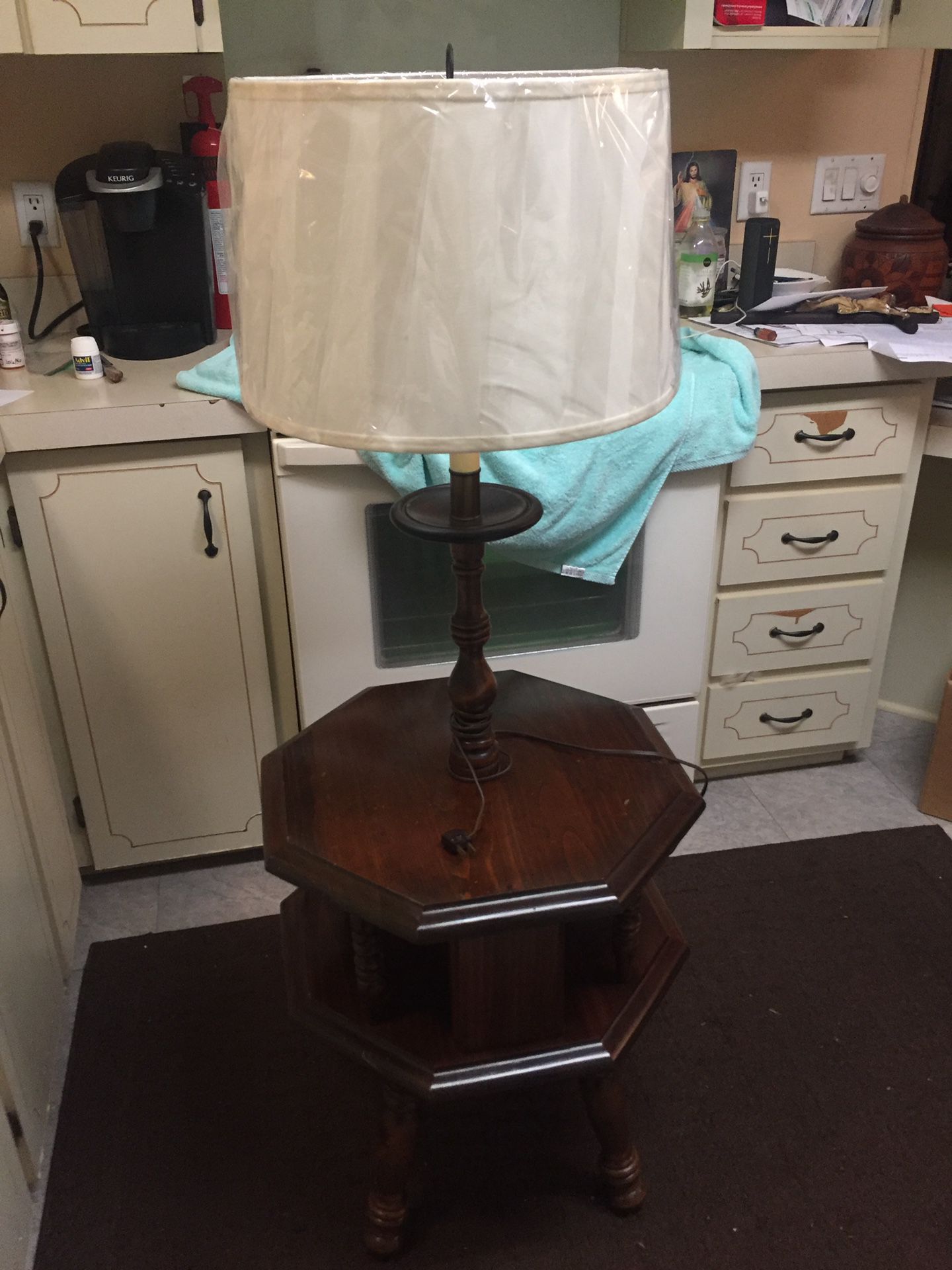 Vintage wood end table with built in lamp with new shade