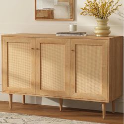 Rattan Storage Cabinet with 3 Doors, Boho Sideboard Buffet Cabinet Wooden Farmhouse Credenza Cabinet