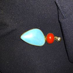 Gorgeous Statememt Bezel Set Blue Gurquoise & Red Coral In 925 Silver 2" Pendant, 1" At Widest OF The Beveled Turq