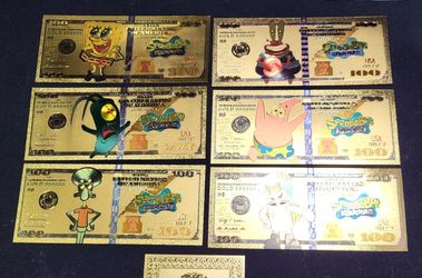 6 New SpongeBob Squarepants And Freinds Gold Foil Novelty Bills 