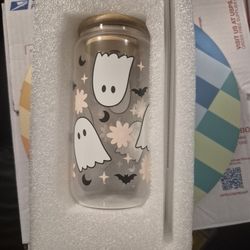 Halloween Glass Cup Woth Wooden Lid And Glass Straw And Straw Cleaner Tool