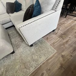 Large L-Shaped Sectional Sofa & Matching Oversized Ottoman - Light Gray with Nailhead Trim