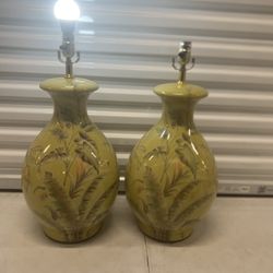 Vintage Coastal Banana Leaf Glazed Ceramic Lamps Pair Minor Blemishes Free Ship Used in good condition with some minor cosmetic blemishes. These blemi