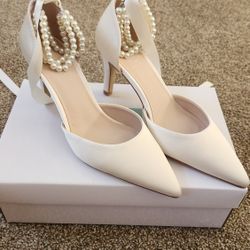 Kailee P. Ivory Trinity Pearl Ankle Strap Heels 