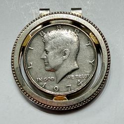 US 1974 Kennedy Half Dollar Money Clip Silver 50c JFK Coin Antique 1970s 22g Fifty Cent