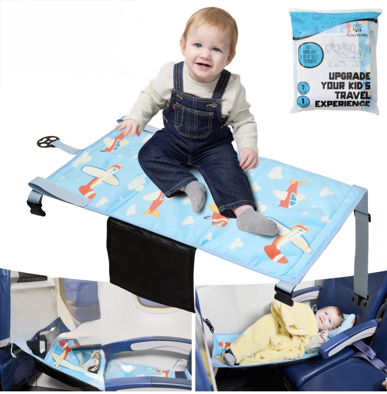 Airplane bed | Airplane seat extender with mesh pocket storage