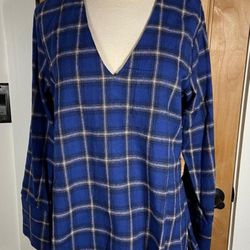 Axis Women's Plaid Blue Fringed Cut out Top Sz S NWT