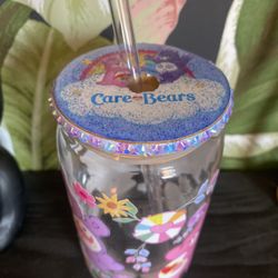 Care Bear Custom Glass Can Cup With Custom Bling Lid
