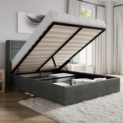 Queen bed Lift Up Storage Bed/Velvet Upholstered/Modern Wingback Headboard/Upholstered Platform Bed Frame/Hydraulic Storage/No Box Spring Needed grey