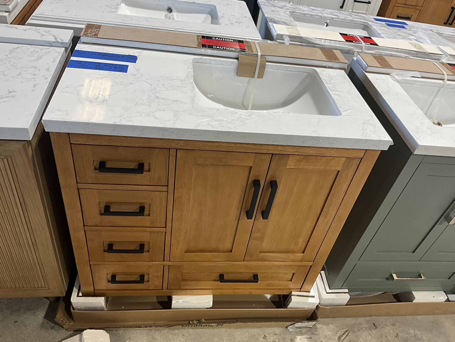 36” Bathroom Vanity in teak , single sink soft close solid wood with vanity top in white  $575  Luke’s liquidations warehouse Address:  2434 N Forsyth