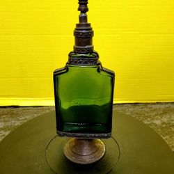 Antique Moroccan Perfume Bottle Footed Moorish Green Sprinkler Embossed Metal Overlay Rare 8"