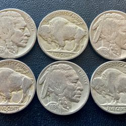 6 Vintage 1930s 1920s Indian Head Buffalo Nickels Rare Coins HTF 